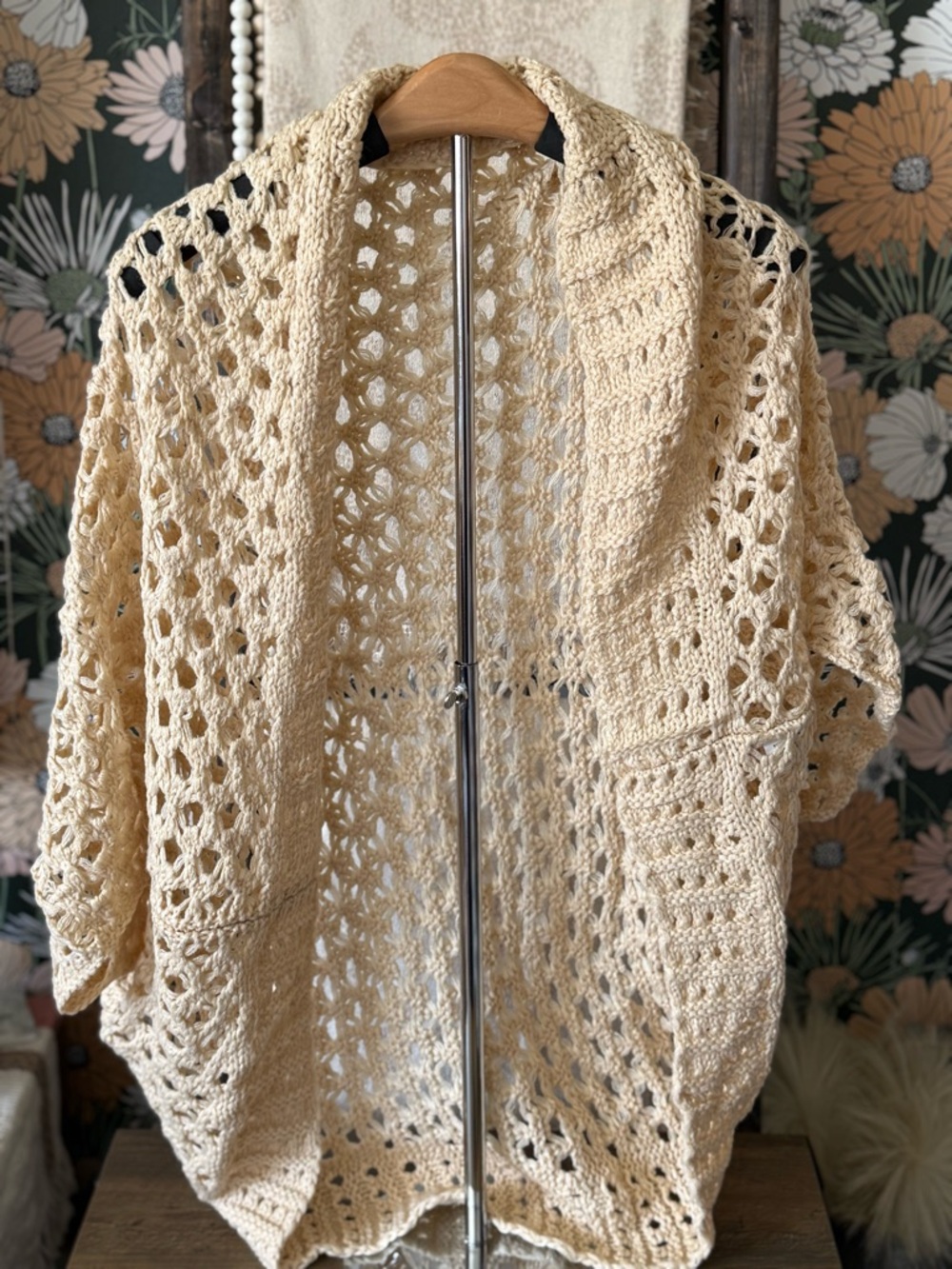 Open-Knit Cream Crochet Cardigan Shrug